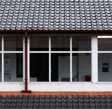 Close-up of a tiled roof and white-framed windows on a building.