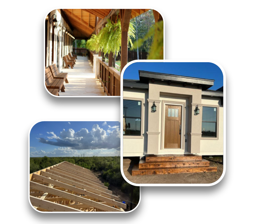 Collage of home renovation stages including porch, framing, and exterior siding.